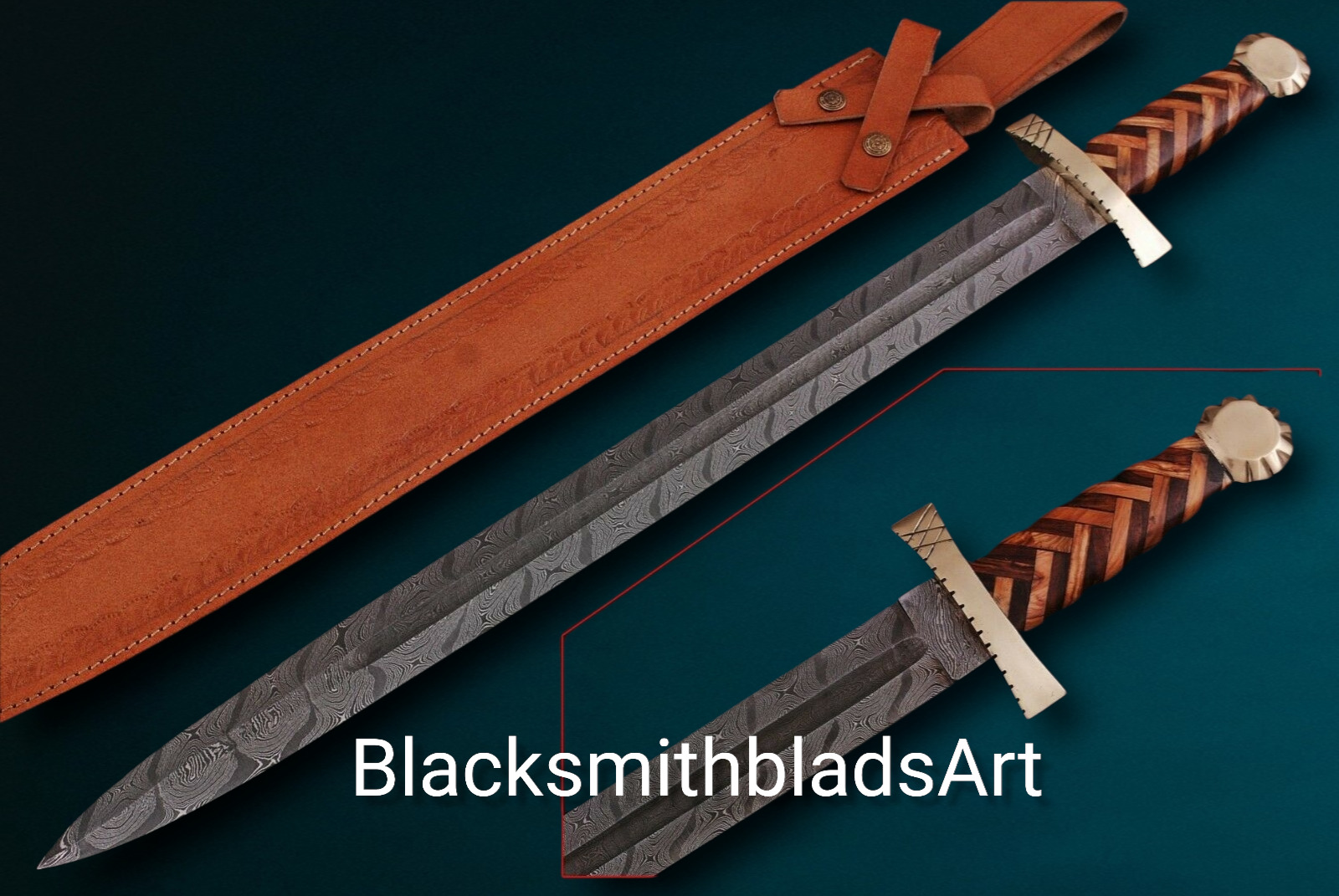 31"custom Handmade Damascus Steel Viking Sword With Brass & Wood Handle